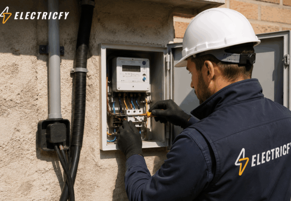 Electricista de Electrify reparando una avería en la acometida eléctrica de una vivienda en Leganés