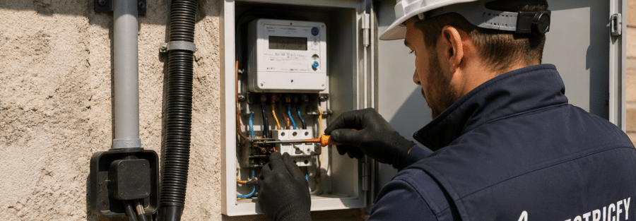 Electricista de Electrify reparando una avería en la acometida eléctrica de una vivienda en Leganés