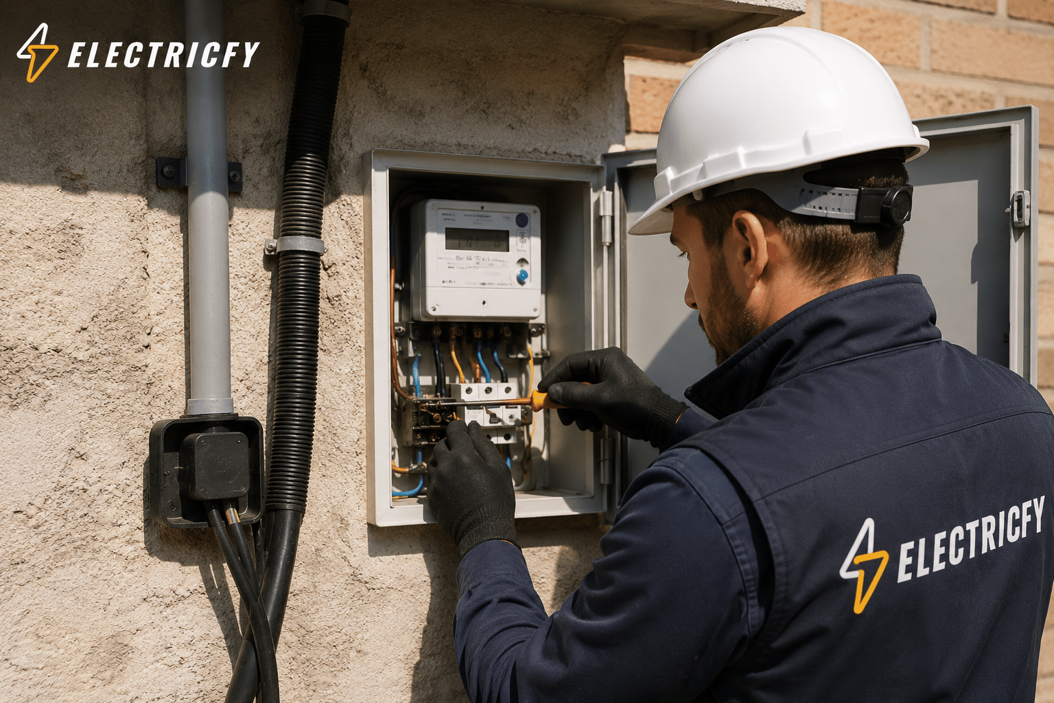 Electricista de Electrify reparando una avería en la acometida eléctrica de una vivienda en Leganés