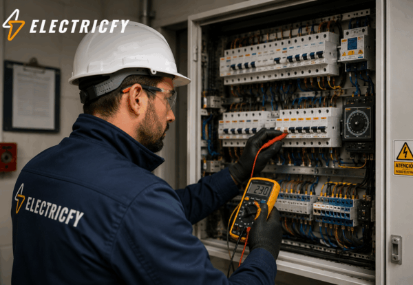 Electricista realizando un mantenimiento eléctrico preventivo con un multímetro en un cuadro eléctrico, en Leganés