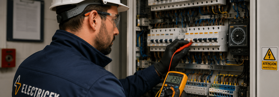 Electricista realizando un mantenimiento eléctrico preventivo con un multímetro en un cuadro eléctrico, en Leganés