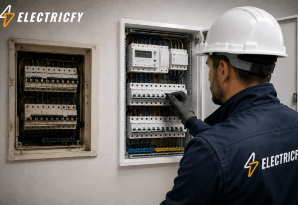 Electricista de Electrify revisando un cuadro eléctrico para detectar señales de que hay que actualizarlo, en Leganés