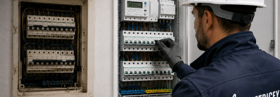 Electricista de Electrify revisando un cuadro eléctrico para detectar señales de que hay que actualizarlo, en Leganés