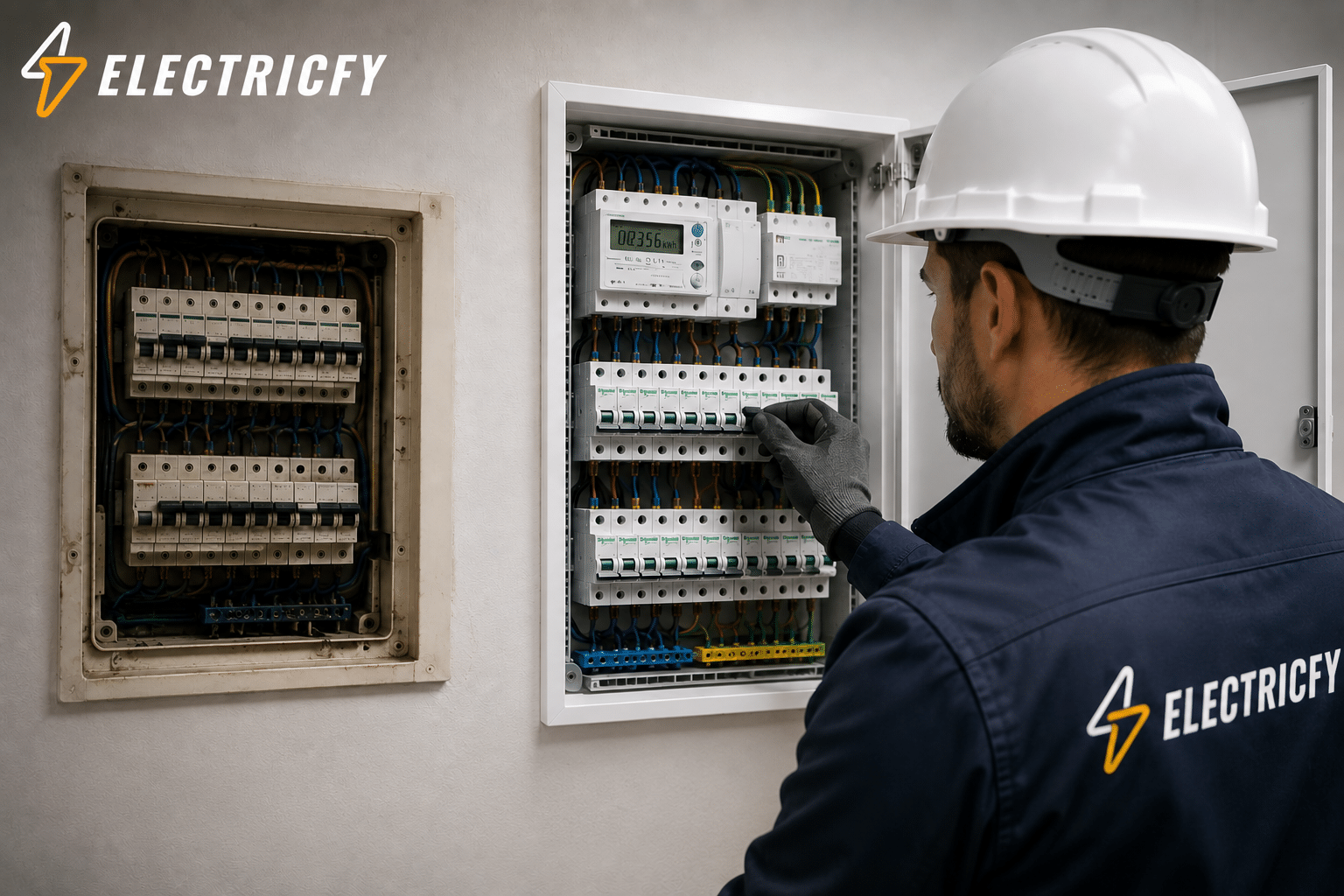 Electricista de Electrify revisando un cuadro eléctrico para detectar señales de que hay que actualizarlo, en Leganés