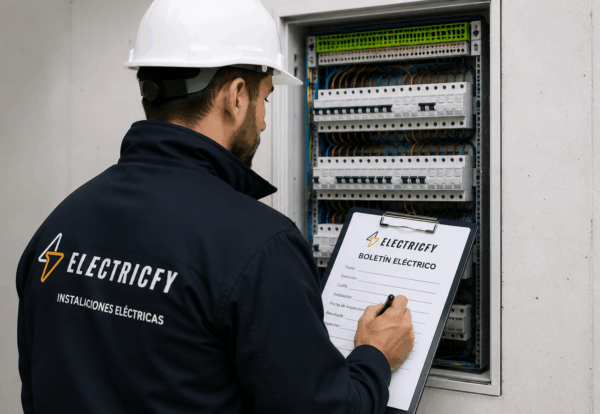 Electricista de Electrify cumplimentando el Boletín Eléctrico (CIE) frente a un cuadro eléctrico en Leganés