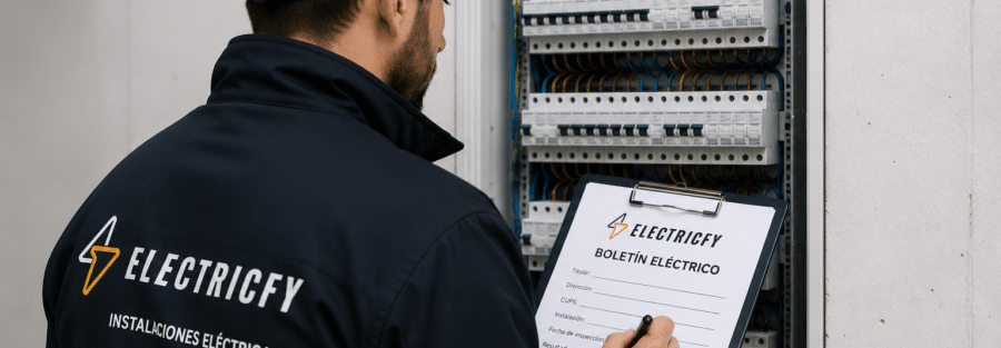 Electricista de Electrify cumplimentando el Boletín Eléctrico (CIE) frente a un cuadro eléctrico en Leganés