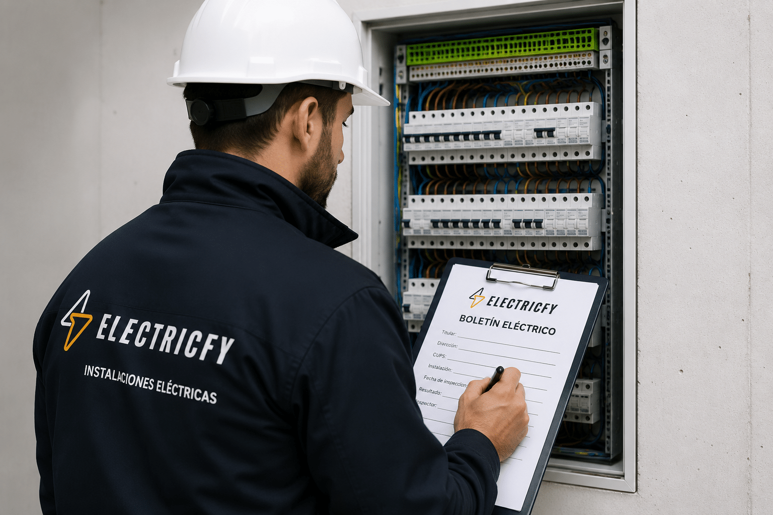 Electricista de Electrify cumplimentando el Boletín Eléctrico (CIE) frente a un cuadro eléctrico en Leganés